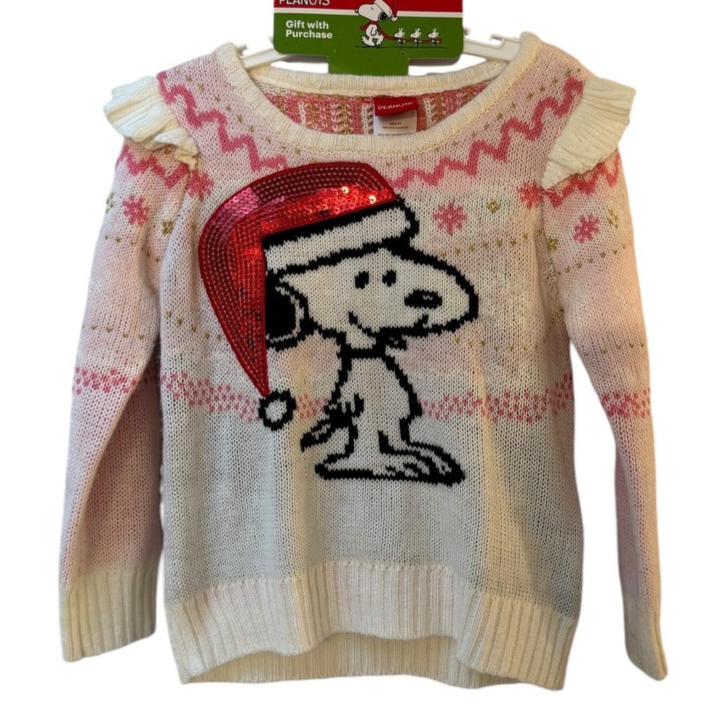 Girls Snoopy Peanuts Christmas Pink Sweater Snoopy with Sequin Size: 4T NWT